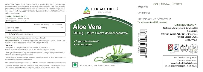 HERBAL HILLS Senna Capsules 120 & Aloe Vera Capsules 120 Count for Healthy Digestion and Detoxification Combo (Pack of 2) 240 Count