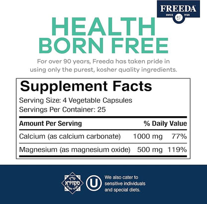 Freeda Super Cal/Mag – Kosher Vegan Bone Health Supplement – Supports Bone Strength, Nerve Function & Muscle Relaxation – Vegetarian Calcium Magnesium Capsules – Third-Party Tested – 250 Capsules