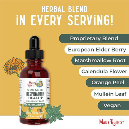 MaryRuth Organics USDA Organic Respiratory Health Liquid Drops with Mullein Leaf | Marshmallow Root & Elderberry | Mullein Drops for Lungs Herbal Blend | Immune Support Supplement | Vegan | 1 Fl Oz