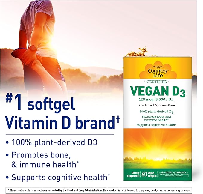 Country Life Vegan D3 5000 IU, 60 Softgels, Certified Gluten Free, Certified Vegan