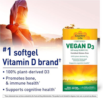 Country Life Vegan D3 5000 IU, 60 Softgels, Certified Gluten Free, Certified Vegan