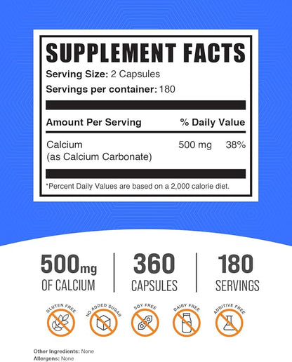 BulkSupplements.com Calcium Carbonate Capsules - Calcium Carbonate Supplement, Calcium Carbonate 500mg - Calcium Supplement, Gluten Free, 2 Capsules per Serving, 360 Capsules (Pack of 1)