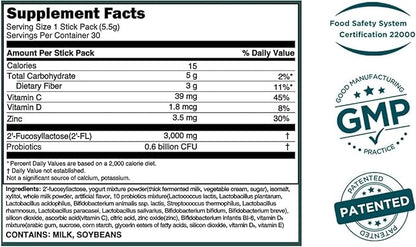 MOMSTAMIN Premium 3,000mg Human Milk Oligosaccharide (HMO 2'-FL) Prebiotic Probiotic Powder Supplement for Immunity Digestion Metabolism Gut Health, Clinically Researched (30 Sticks, 1 Month)