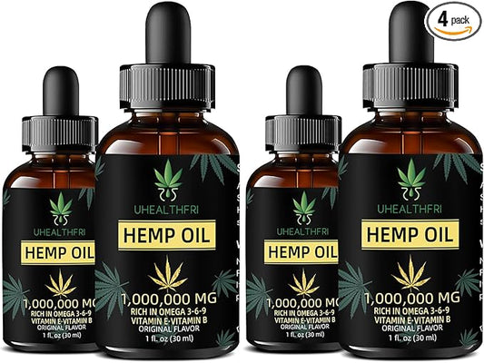 Hemp Oil, Pure Organic Hemp Seed Oil Drops, Non-GMO, Vegan Hemp Extract Oil Tincture with Omega 3, 6, 9 of 4 Pack