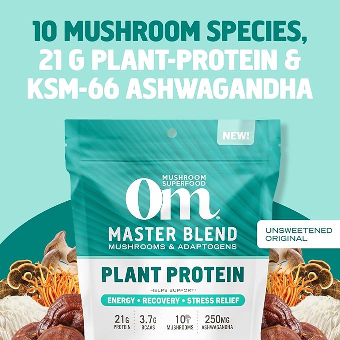 OM MUSHROOM SUPERFOOD Master Blend Mushroom Plant-Based Protein, 16 Servings Unsweetened Original, Unsweetened Plant-Based Protein with 10 Mushrooms & Adaptogens