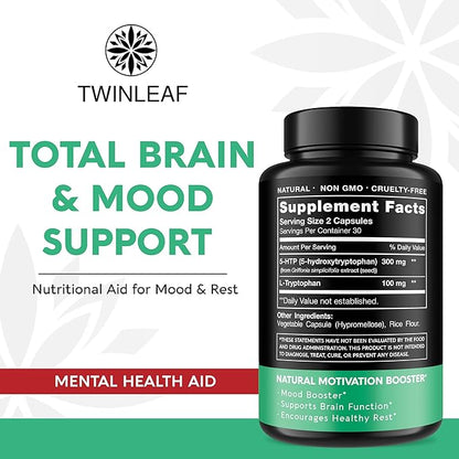 TWINLEAF 5 HTP Supplement for Mood Support - Made in USA - Natural 5-HTP & L-tryptophan Capsules - 5-HTP Booster for Men & Women - Proprietary Formula for Mood and Relaxation - 60 Vegan Capsules