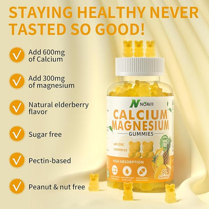 Calcium Magnesium Zinc Gummies with Vitamin D3, ashwagandha Supplement - High Potency Enhanced Absorption - Pineapple Flavor-90 Count