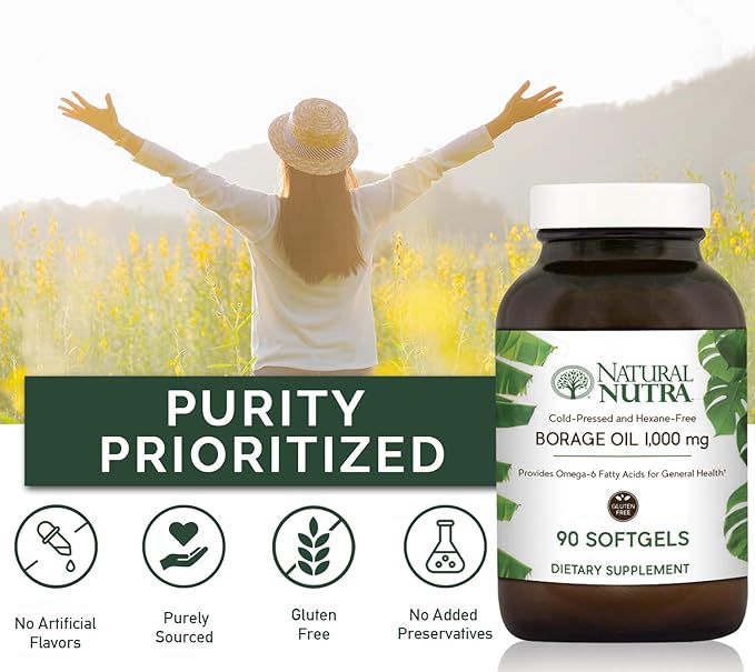 Natural Nutra Borage Oil, Maintain Skin Health, Support Better Heart Health, Improves Nerve Health, Help Overcome Joint paint, Help Reduce Pimple, Omega 6 Essential Fatty Acids Supplement 90 Softgels.