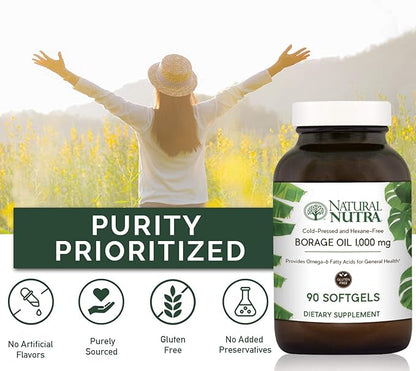 Natural Nutra Borage Oil, Maintain Skin Health, Support Better Heart Health, Improves Nerve Health, Help Overcome Joint paint, Help Reduce Pimple, Omega 6 Essential Fatty Acids Supplement 90 Softgels.