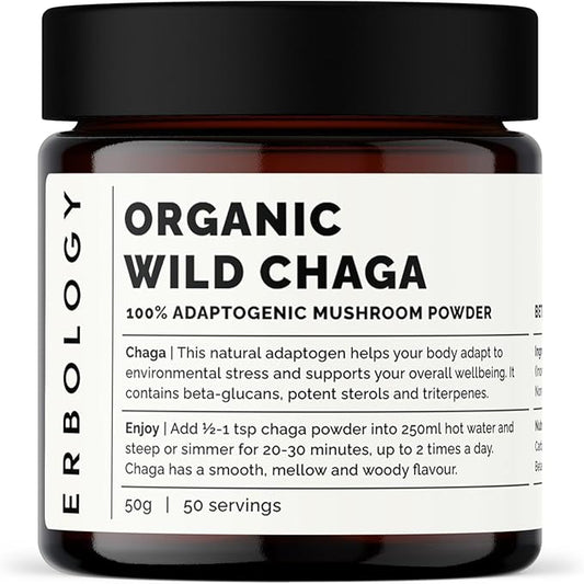 Erbology Organic Chaga Mushroom Powder 50 Servings - 7% Beta-glucans - Immunity Support - Inonotus Obliquus - Small Batch - Sustainably Wild Harvested in Finland - Vegan - Non-GMO - No Added Fillers