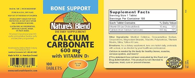 Nature's Blend Calcium Carbonate 600 mg with D3 400 IU 100 Tablets,(Pack of 1), 079854016819