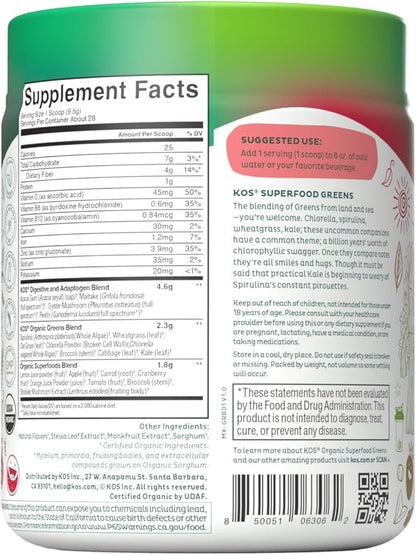 KOS Organic Superfood Greens Powder - Gut Health from Prebiotic Fiber, Supergreens and Adaptogens - USDA Certified Organic, Made in a GMP Certified Facility - 28 Servings Berry