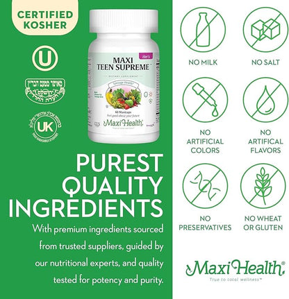 Maxi Health Teen Multivitamin for Girls 12-17 years, Natural Vitamins and Minerals Enhances Development and Immune Health, Best Kosher Supplement for Teenagers, 60 Count