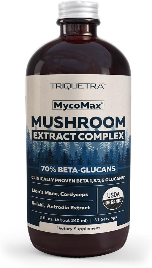 MycoMax Mushroom Complex - 70% Beta Glucans, Max Potency Mushroom Supplement, US Grown + Ultrasonic Extraction - Lions Mane, Cordyceps, Reishi & More - Promotes Cognition, Immunity, Energy - 8 oz.