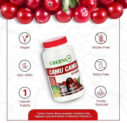 Greens+ Organic Reds Superfood Powder Camu Camu Dietary 400mg Vitamin C SuperFruit Supplement 120 Capsules, 100% Natural, Vitamins & Minerals, Vegan, Soy/Dairy/Gluten Free