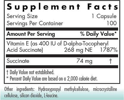Nutricology Vitamin E Succinate Supplement - for Men & Women, 400 IU D-Alpha-Tocopheryl, Antioxidant, Vegetarian Capsules - 100 Count