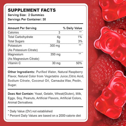 2 Pack Potassium Magnesium Gummies for Adult Kids High Absorption Leg Cramps & Muscle & Heart Health Immune Health Raspberry Magnesium Gummies Chewable Gummy Supplement Vegan Non-GMO