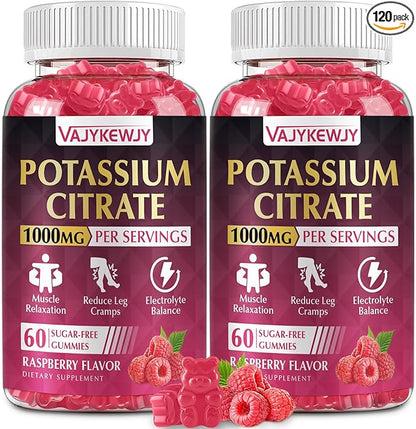 2 Pack Potassium Citrate Gummies, High Potassium Supplement (1000mg), Supports Leg Cramps & Muscle Health, Suitable for Adults & Kids, Vegan, Non-GMO, 120-Count