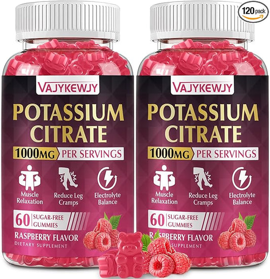 2 Pack Potassium Citrate Gummies, High Potassium Supplement (1000mg), Supports Leg Cramps & Muscle Health, Suitable for Adults & Kids, Vegan, Non-GMO, 120-Count