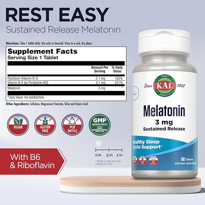 KAL Melatonin 3mg Sustained Release Sleep Aid, Melatonin Supplement Supports Healthy Relaxation, a Calm Feeling and a Proper Sleep Cycle, w/Added Vitamin B6, Vegan, Gluten Free 60 Serv, 60 Tablets