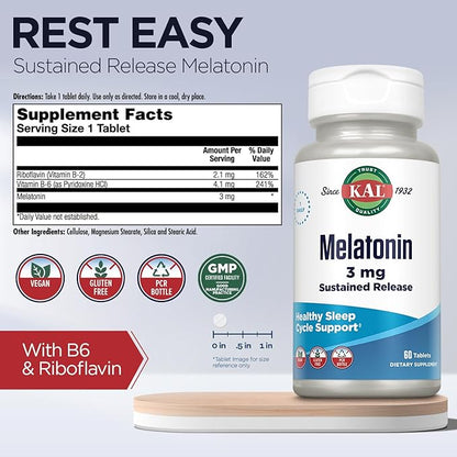 KAL Melatonin 3mg Sustained Release Sleep Aid, Melatonin Supplement Supports Healthy Relaxation, a Calm Feeling and a Proper Sleep Cycle, w/Added Vitamin B6, Vegan, Gluten Free 60 Serv, 60 Tablets