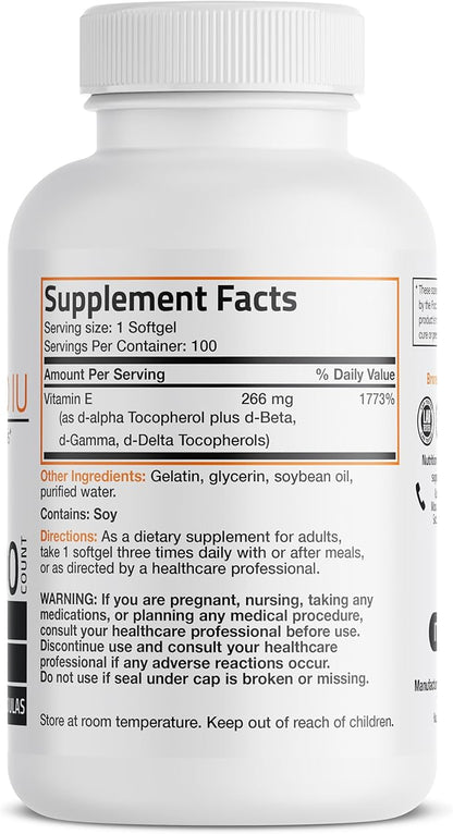 Bronson Natural Vitamin E Complex 400 I.U. Supplement (d-Alpha Tocopherol Plus d-Beta, d-Gamma, & d-Delta Tocopherols), Natural Antioxidant, 100 Softgels