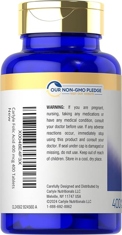 Carlyle Folic Acid 400 mcg | 400 Tablets | Vegetarian, Non-GMO, Gluten Free