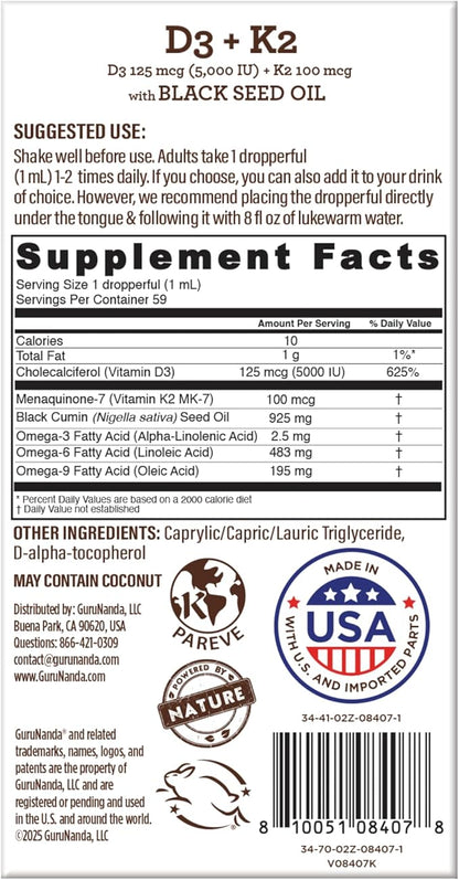 GuruNanda Black Seed Oil, Cold-Pressed Nigella Sativa - Rich in Vitamin D3 5000 Units, K2 & E, High Thymoquinone | Potent Antioxidant for Immune Support, Non-GMO, 2 Fl.oz
