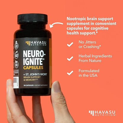 NeuroIGNITE Brain Supplement for Cognition - 30 Count - Cognitive Support with St. John's Wort, Ginkgo Biloba, Bacopa, Phosphatidylserine and Nootropics - Non-GMO Capsules, 1-Month Supply