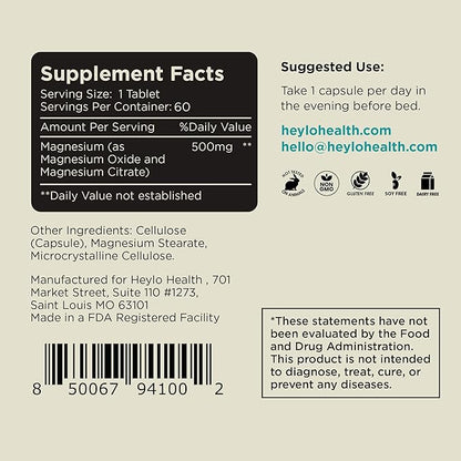 Heylo Magnesium Citrate Complex 500 mg - High Absorption Formula for Muscle Relaxation, Energy Support, Bone & Heart Health, Digestion, Stress Relief - Non-GMO, Vegan, 60 Capsules