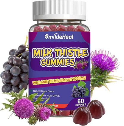 Milk Thistle Gummies, Milk Thistle Extract 1000mg, Liver Detox, Antioxidant Support, Non-GMOs, Non-Gluten, Vegan, Milk Thistle Supplement, 60 Count