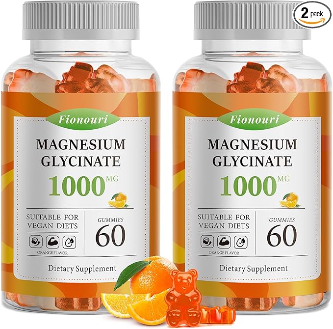 Magnesium Glycinate Gummies 1000mg - for Adults Magnesium Potassium Supplement with Vitamin D, B6, CoQ10 for Calm Mood & Sleep Support - 120 Orange Gummies -2 Pack