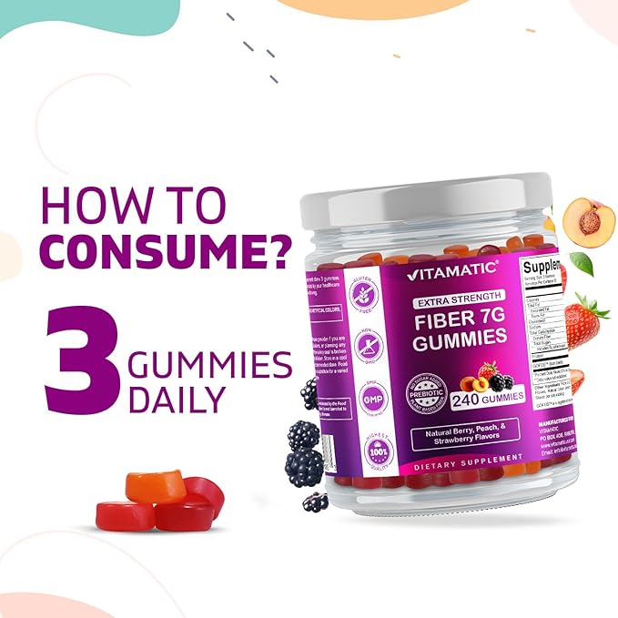 Vitamatic Prebiotic Fiber Gummies for Adults, 7G Extra Strength, Zero Sugar Added, 240 Pectin Based Gummies, Digestive Health & Regularity Support