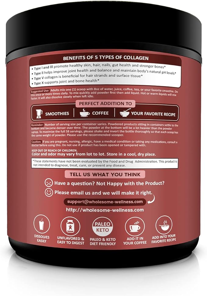 Wholesome Wellness Multi Collagen Protein Powder Hydrolyzed (Type I II III V X) Grass-Fed All-in-One Super Bone Broth + Peptides - Premium Blend of Beef, Chicken, Wild Fish, Eggshell, 58 Servings