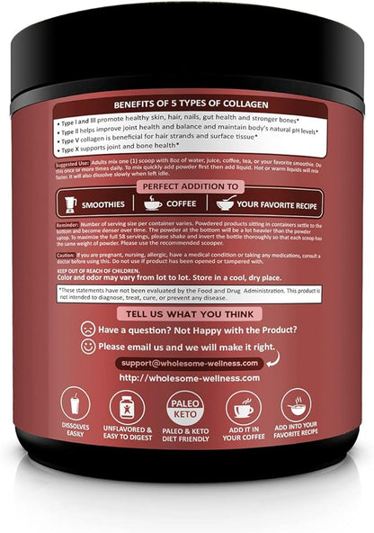 Wholesome Wellness Multi Collagen Protein Powder Hydrolyzed (Type I II III V X) Grass-Fed All-in-One Super Bone Broth + Peptides - Premium Blend of Beef, Chicken, Wild Fish, Eggshell, 58 Servings