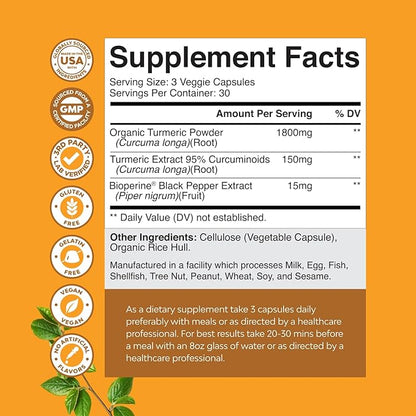 Turmeric Curcumin with Black Pepper Extract - Joint Health Turmeric Supplement with 95% Curcuminoids - Daily Joint Support Supplement Curcumin Bioperine for Enhanced Absorption