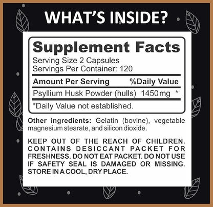 PSYLLIUM Husk Capsules - Premium Psyllium Fiber Supplement - Promotes Intestinal Health and Regularity - 100% Natural Soluble Fiber 1450mg Per Serving - 240 Capsules