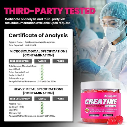 Creatine Monohydrate Gummies 5000mg for Men & Women, Gomitas de Creatina 5g Creatine Monohydrate,0g Sugar Chewables Creatine Pre-Workout for Muscle Strength, Vegan (Strawberry 2)