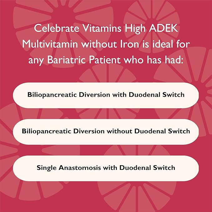 Celebrate Vitamins Multi ADEK, Iron Free – Daily Bariatric Multivitamin, High Level of Vitamins A, D, E, K & B12 for Duodenal Switch Surgery Patients (180 Capsules)