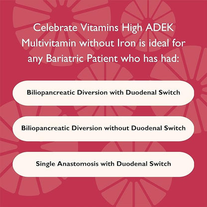 Celebrate Vitamins Multi ADEK, Iron Free – Daily Bariatric Multivitamin, High Level of Vitamins A, D, E, K & B12 for Duodenal Switch Surgery Patients (180 Capsules)
