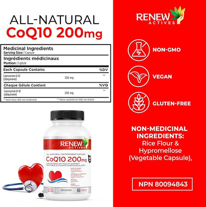 Renew Actives CoQ10 Ubiquinone Supplement 200MG per Serving – Supports Heart Health, Migraine Relief, Immune System Boost Antioxidant Support & Energy – High Potency, Made in Canada - 60 Capsules