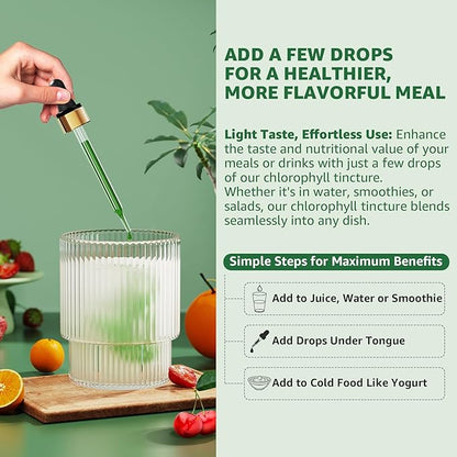 Organic Chlorophyll Liquid Drops Liposomal for Women & Men, 6-in-1 Greens Superfood Vegan Chlorophyll w/Spirulina, Wheat Grass, Vitamin C B12 A for Internal Deodorant*, Energy,Digestive,2Packs/4 Fl Oz