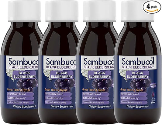Sambucol Black Elderberry Syrup - Sambucus Elderberry Syrup, Black Elderberry Liquid, Immune Support for Kids and Adults, High Antioxidants, Gluten Free - Original Formula, 4 Fl Oz, 4-Pack