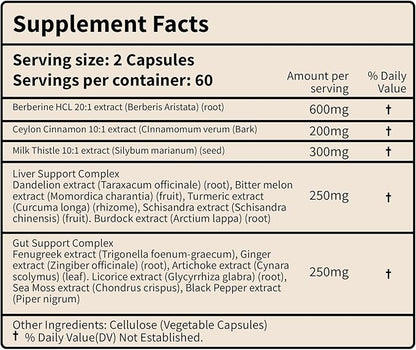 Berberine HCL+ Complex 1600mg - 120 Capsules - Supports Cardiovascular, Liver & Gut Health with Ceylon Cinnamon, Milk Thistle & Gut Blend - Third-Party Tested, Vegan, Non-GMO, Gluten-Free