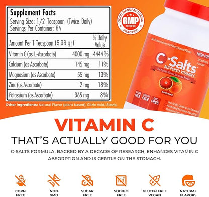 C-Salts Original Vitamin C Powder Supplement - 100% Pure High Dose Buffered Vitamin C Powder for Immune Support - Sugar-Free Powdered Drink Ascorbate, Organic, Stomach-Friendly, Blood Orange 8oz