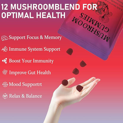 Sky Nutrition Mushroom Gummies, 12 in 1 Mushroom Blend with Lions Mane, Turkey Tail, Organic Reishi, Cordyceps, Immune Support & Energy Boost, Mushroom Supplement for Adults, Non-GMO, 60 Gummies