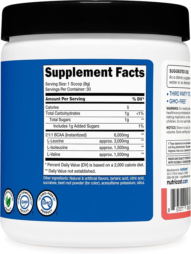 Nutricost BCAA Powder (Watermelon, 30 Servings) - Optimal 2:1:1 Ratio