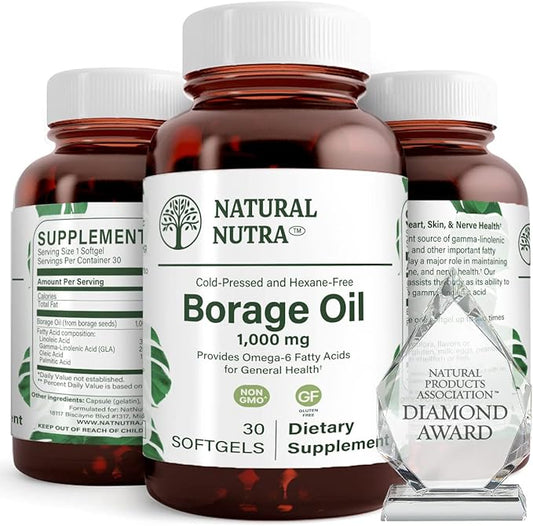 Natural Nutra Borage Oil, Maintain Skin Health, Support Heart Health, Improves Nerve Health, Help Reduce Pimple, Help Overcome Joint Pain, Omega 6 Essential Fatty Acids Supplement 30 Soft gels.