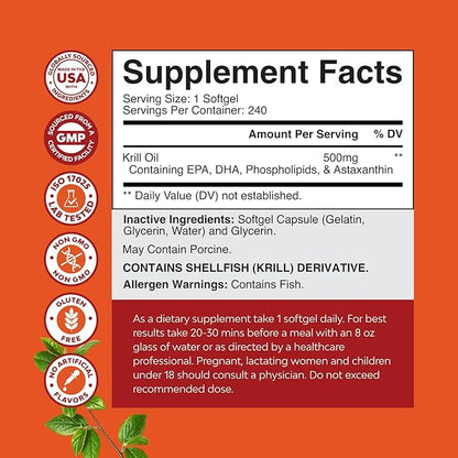 Antarctic Krill Oil 500mg Softgels - Omega 3 Krill Oil Supplement with EPA DHA & Astaxanthin for Brain Joint & Heart - 3rd Party Lab Tested No Gluten GMOs or Fishy Aftertaste (Up to 8 Month Supply)