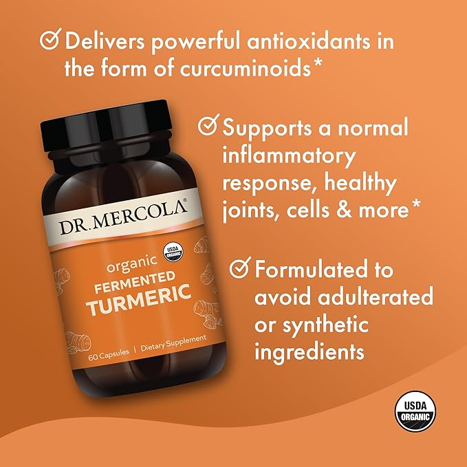 Dr. Mercola Organic Fermented Turmeric - 370 mg Fermented Turmeric - High-Bioavailability Curcuminoids - USDA Organic, Non-GMO, Gluten-Free & Soy-Free - 60 Capsules (30 Servings)